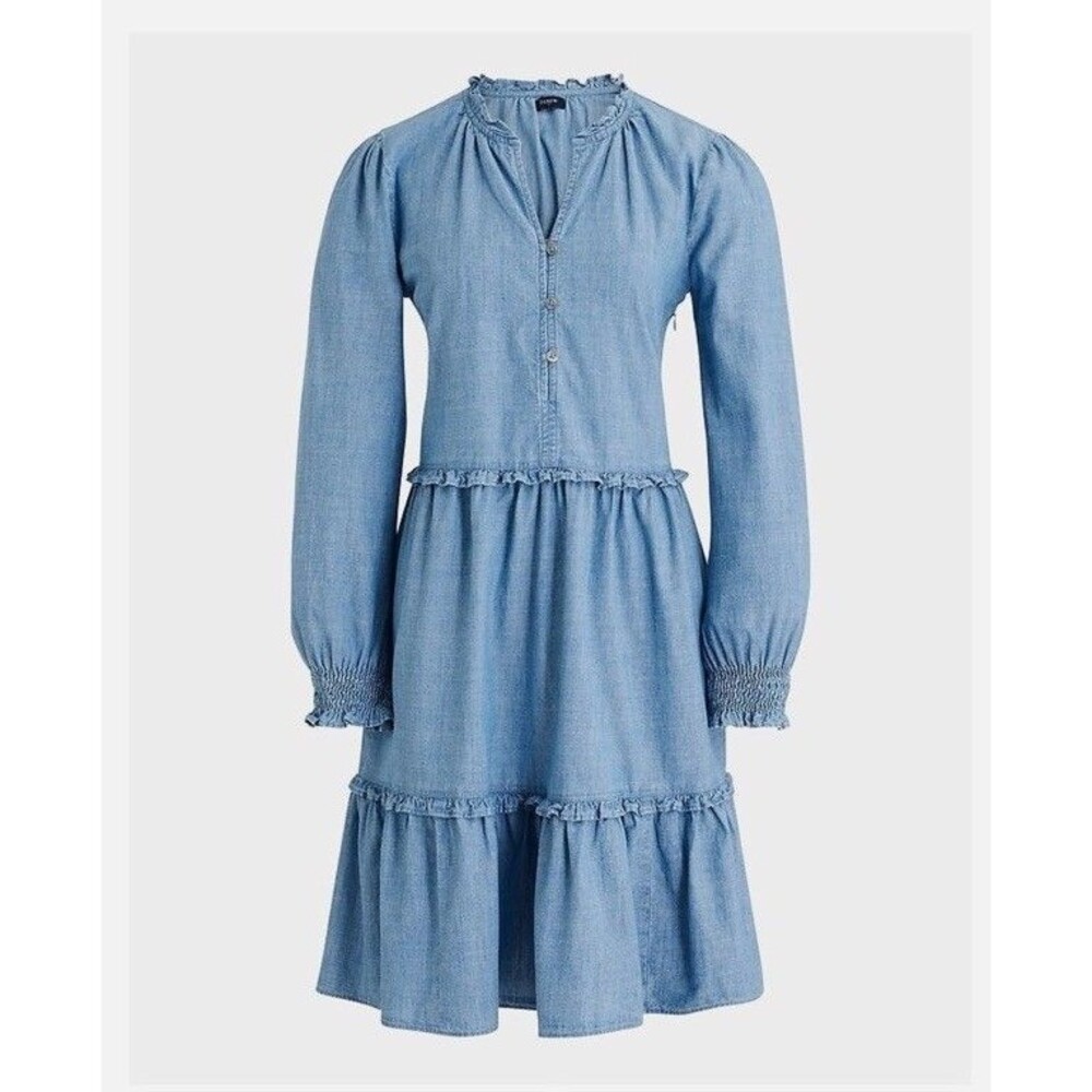 J.CREW Tiered Chambray Dress Blue Denim Long Sleeve Ruffle Neck Pockets Sz 10